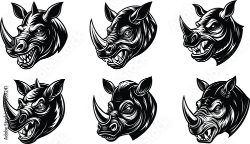 Angry Rhino Head Vector Illustrations – Black and White Tattoo Style Horned Beast Art