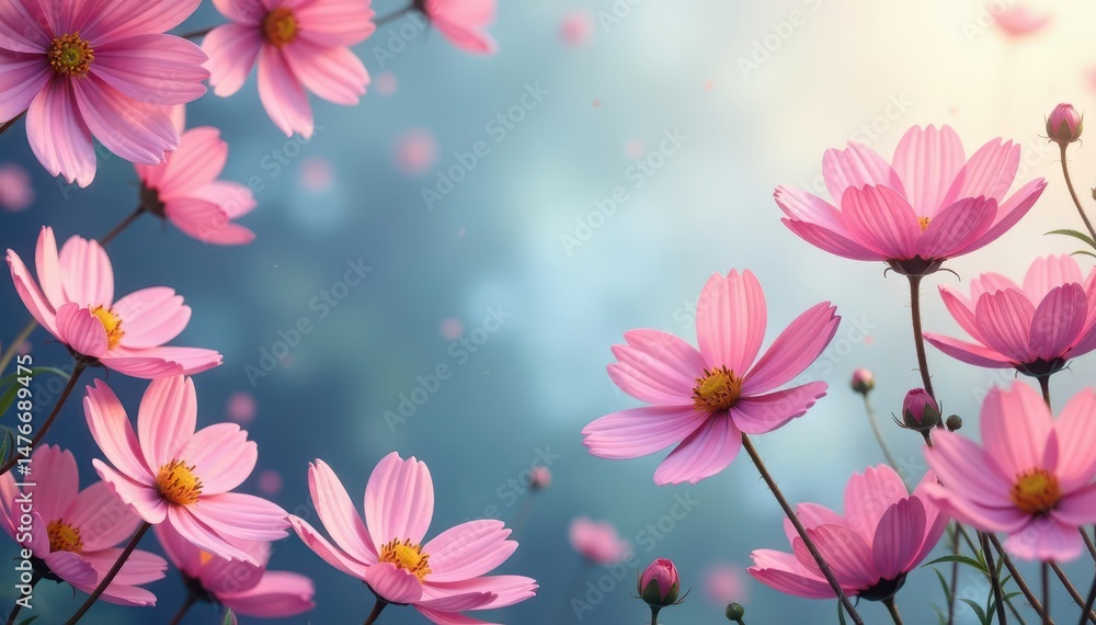 Obraz premium Delicate pink cosmos border, AI generated floral design , illustration, cosmos, pretty