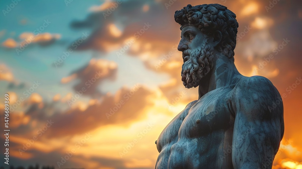 Fototapeta premium A majestic, blue-skinned, nude male statue stands against a warm, cloudy sunset sky, showcasing its defined features and muscular form.