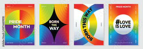 Happy Pride month poster background vector set. LGBTQ community symbol with rainbow gradient. Design for celebration, bisexual, transgender, gender equality, rights, ads.