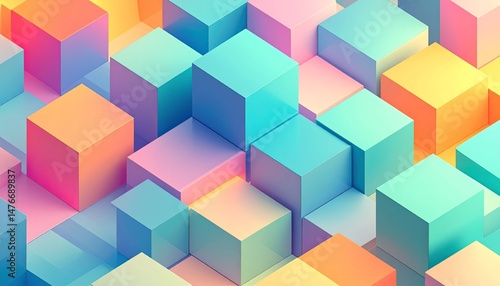Isometric view of glowing pastel squares in blue, pink, orange, and mint green, soft ambient lighting, high-tech.