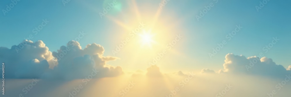 Fototapeta premium Soft yellow sunbeams across a tranquil blue sky background, heaven, day, sunset