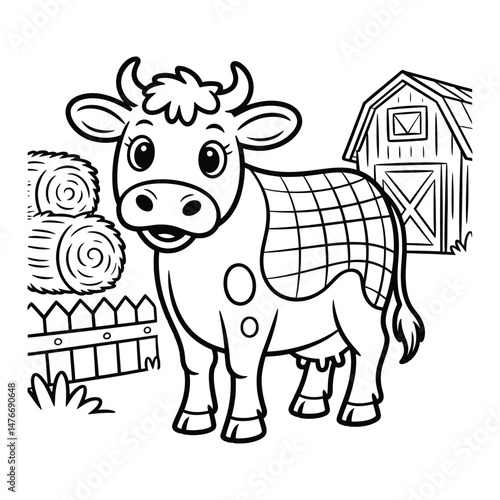 Cow with a plaid farmyard Coloring Page, Silhouette, Vector, Illustration, Icon, Logo, White Background.