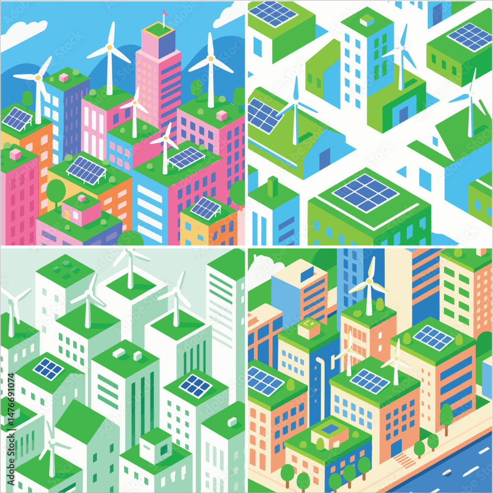 Obraz premium Collage vector of isometric cityscapes illustrate renewable energy.