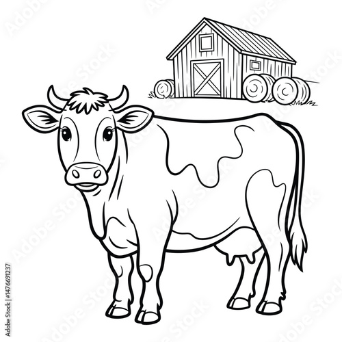 Farmyard cow with a barn Coloring Page, Silhouette, Vector, Illustration, Icon, Logo, White Background.