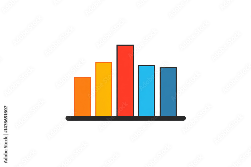 A multicolored bar chart with five vertical bars indicating varied data in a sleek, flat style, isolated on a transparent background