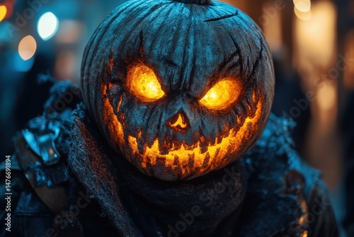 Creative carved pumpkin with glowing eyes displayed in a festive autumn setting during a Halloween night event photo