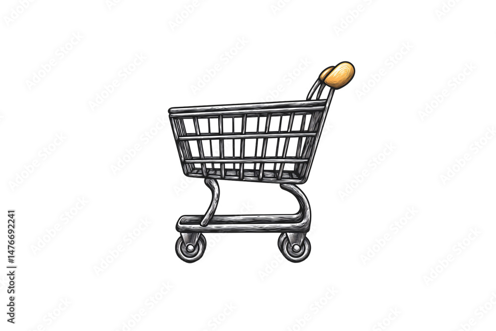 Classic metal shopping cart illustration with black lines, four wheels, and orange plastic handle accent, isolated on a transparent background