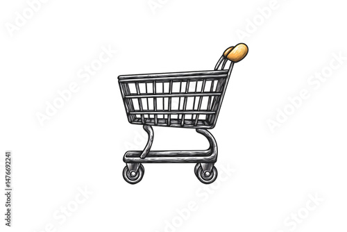 Obraz na płótnie Classic metal shopping cart illustration with black lines, four wheels, and orange plastic handle accent, isolated on a transparent background w salonie