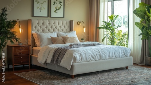 Cozy bedroom with tufted headboard