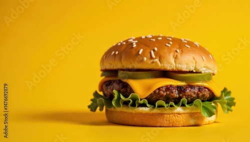 Close-up, mouthwatering burger, cheddar, yellow background, menu, image