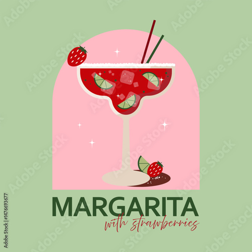 Strawberry cocktail. Chilled Margarita drink with strawberries and ice cubes. National Margarita Day. Retro style poster. February 22. Illustration.