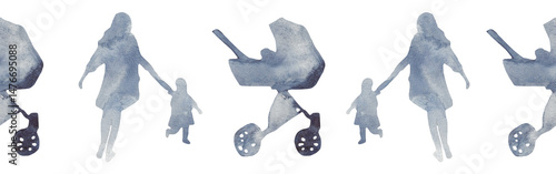 Watercolor border with silhouettes of a family and a stroller.Brush strokes in the form of blue silhouettes of bear.Silhouette of toy on white background.	