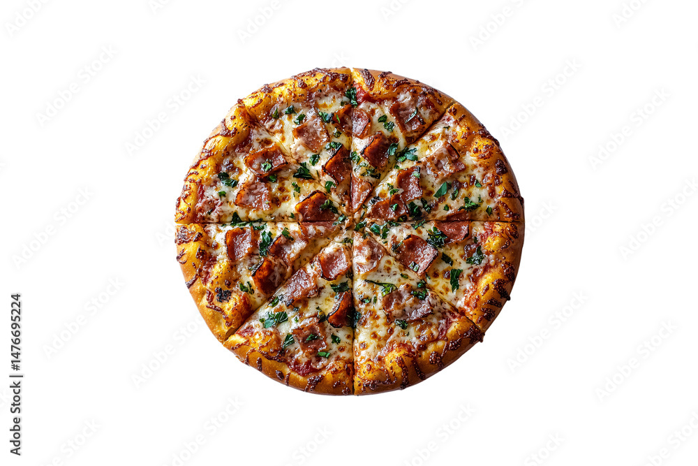 Pizza with melted cheese, scattered parsley, and generous sausage slices arranged on golden-baked crust, isolated on a transparent background