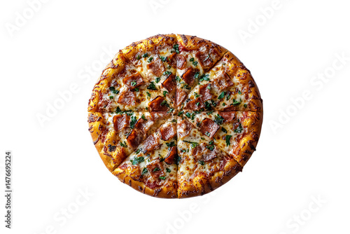Obraz na płótnie Pizza with melted cheese, scattered parsley, and generous sausage slices arranged on golden-baked crust, isolated on a transparent background w salonie