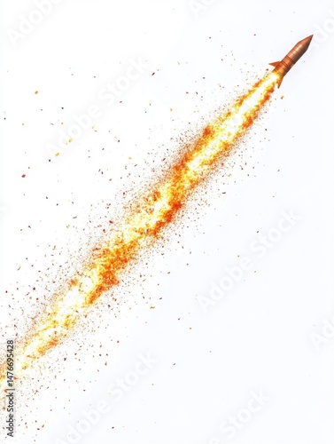 Rocket launching with fiery trail against a white background angled upward for dramatic effect concept of space exploration