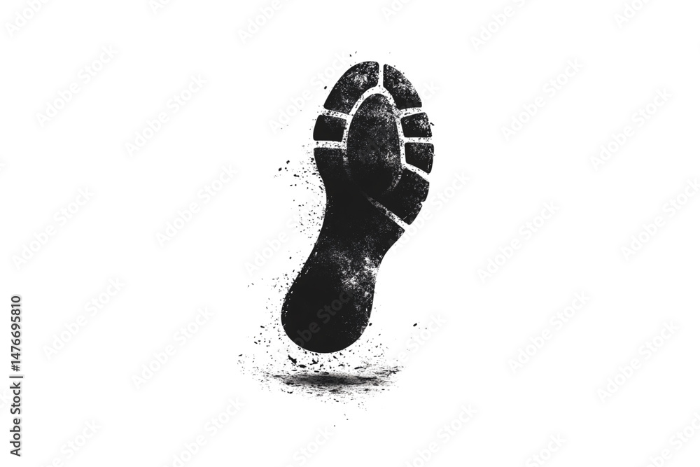 Single rugged boot print on a dark surface, detailed with tread marks and powder-like dust, isolated on a transparent background