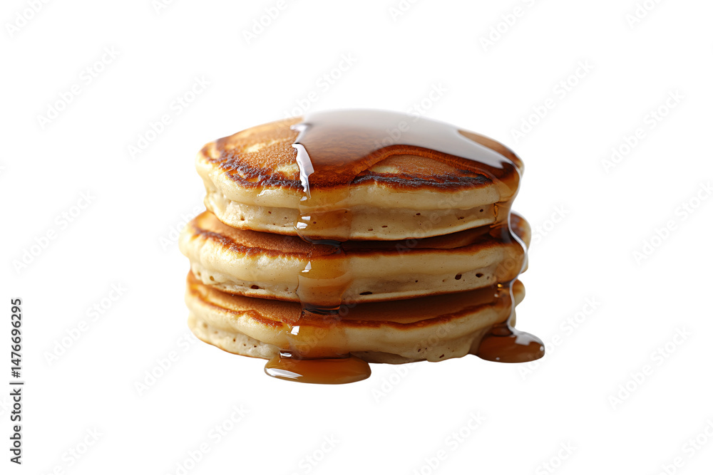 Three thick pancakes drenched in rich maple syrup, golden brown and perfectly cooked, mouthwateringly delicious, isolated on a transparent background