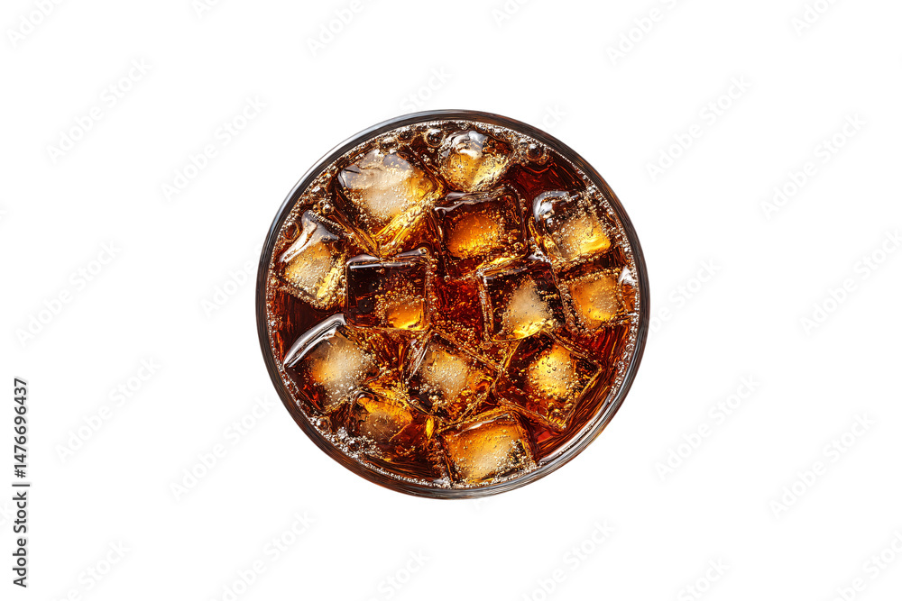 Top view of fizzy cola with sparkling ice cubes, bubbles rising through dark brown liquid, isolated on a transparent background
