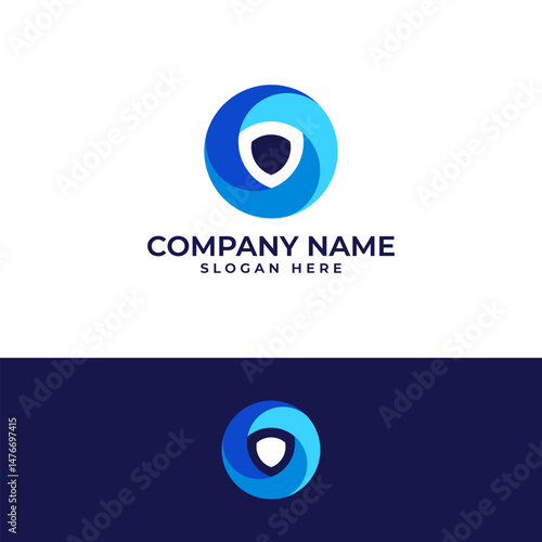 security or protection logo. Features a shield at the center, encircled by dynamic, flowing shapes in varying shades of blue. Represents layered security, trust, and a modern approach to protection.