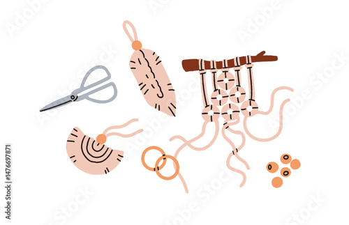 Macrame, handmade decor. DIY craft with rope, weaving cord, knots. Creative hobby, handwork process. Woven decoration, handiwork, needlecraft. Flat vector illustration isolated on white background