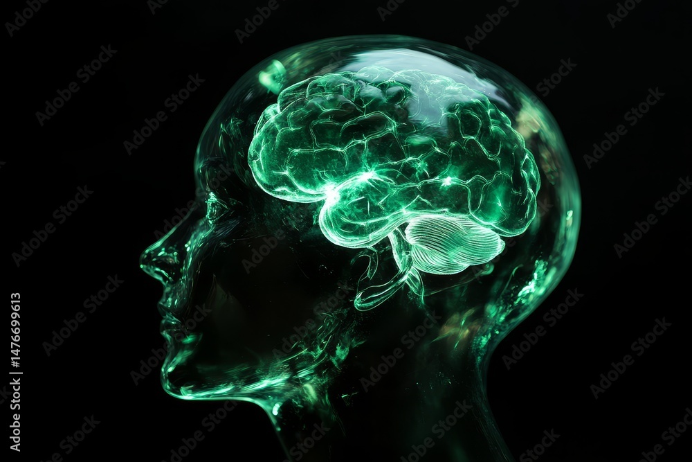 Transparent human head showcases a glowing brain. Transparent human head showcases a glowing brain.