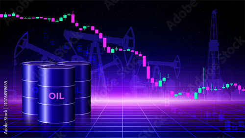 Chart of falling oil prices per barrel. Crude oil barrels on dark background. Analysis of fall of global energy markets. Influence of economic insiders. Market review. Investment strategies. Vector