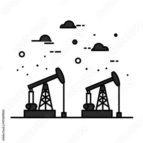 Oil pumps at night with clouds and stars in a minimalist style  