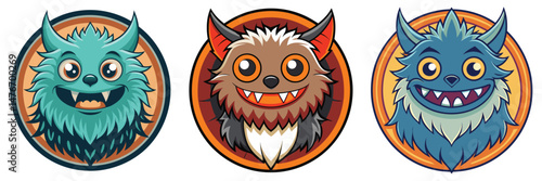 Three cheerful cartoon monster faces, each with unique colors and horns, are presented within circular frames.