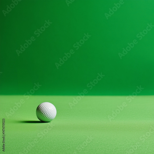 A close-up of a golf ball resting on a vibrant green surface, with a smooth gradient background. The scene conveys a sense of calm and focus, ideal for golf-related themes.