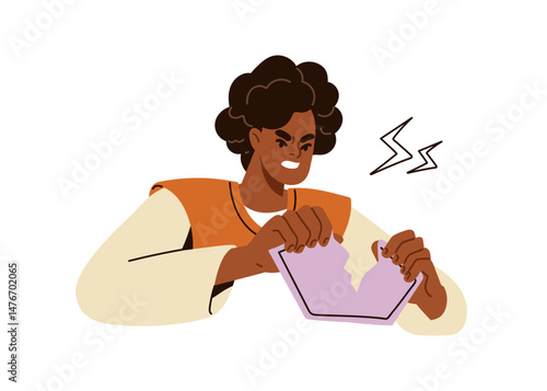 Angry business woman tearing document with furious irritated expression. Annoyed female employee with torn paper, hatred and irritation. Flat graphic vector illustration isolated on white background