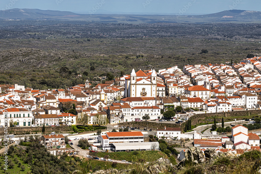 Fototapeta premium Panorama of Castelo de Vide rooftops seen from an outside viewpoint. Castelo de Vide in Alto Alentejo, Portugal.