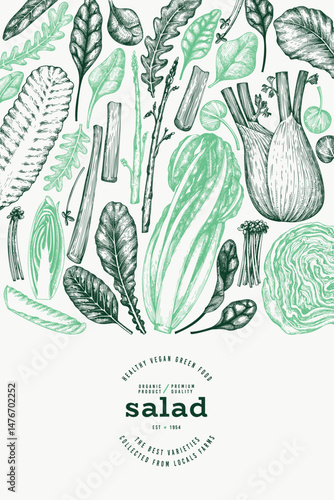 Green Vegetable Design Template. Vector Hand Drawn Healthy Leaf Salad Banner. Vintage Style Menu Illustration.