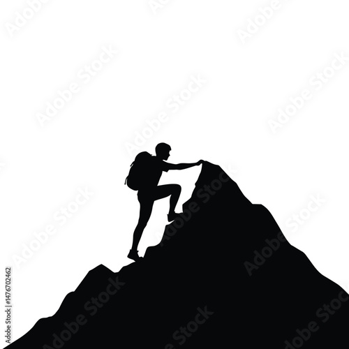 Silhouette of adventurous hiker climbing a mountain peak overcoming obstacles and reaching a goal