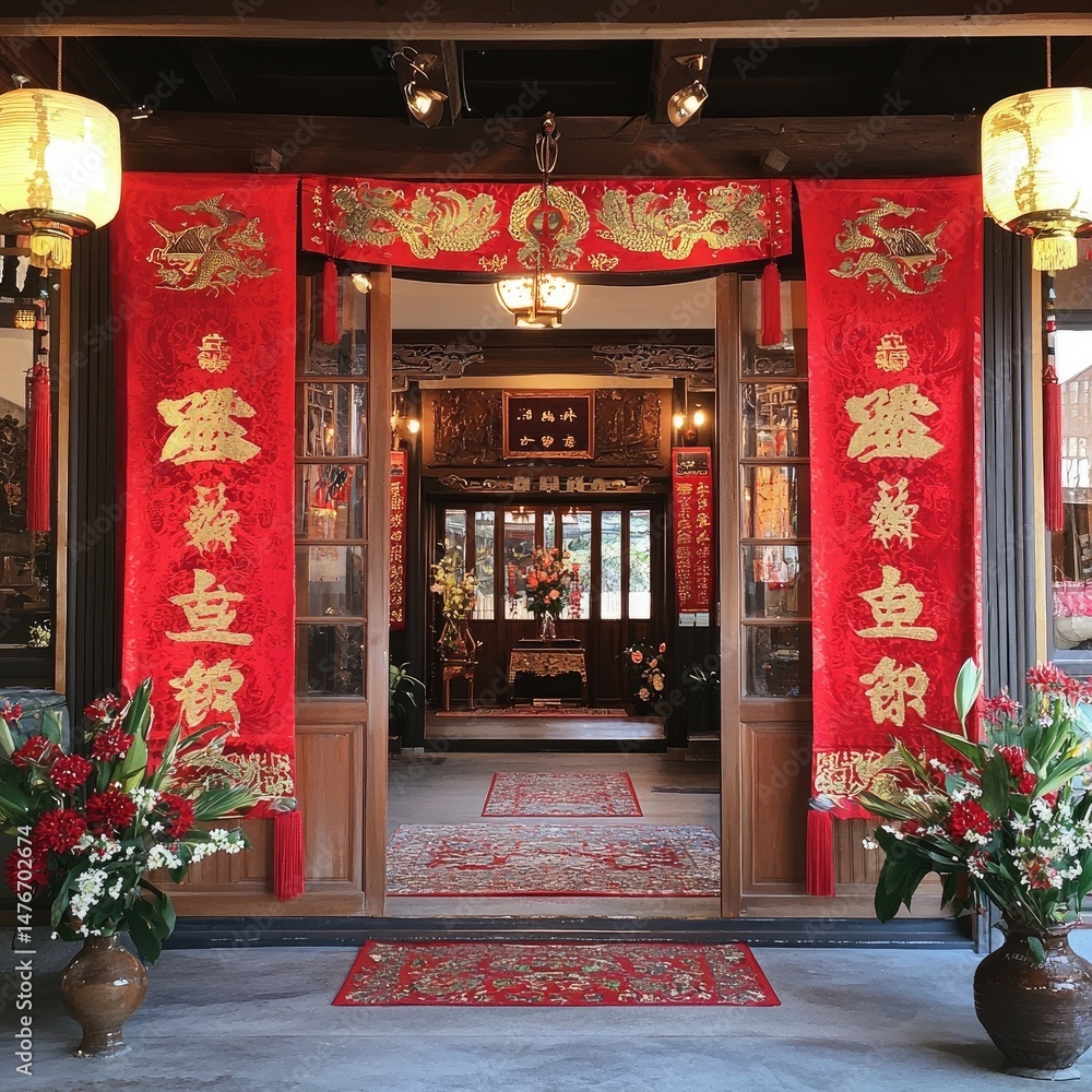 Fototapeta premium Entrance of a traditional Chinese building decorated with red banners, hanging lanterns, and intricate carvings during a festive occasion. Generative by AI.