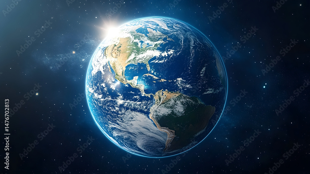 Our blue planet Earth and its moon are seen from space, a luminous globe with stars and an atmosphere against the night universe Our blue planet Earth and its moon are seen from space, a luminous globe with stars and an atmosphere against the night universe