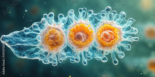 Microscopic view of reproductive cells in natural environment showcasing sperm development. Header banner mockup with copy space.