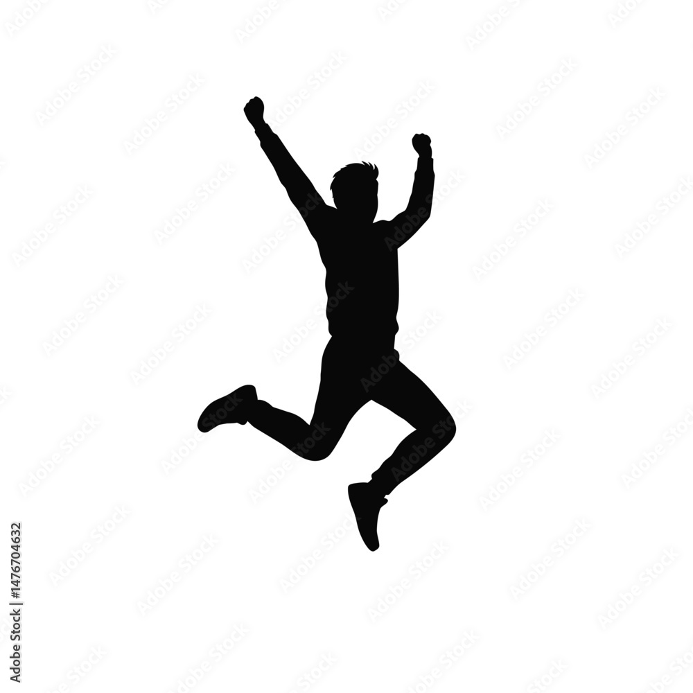 Silhouette of a man celebrating a victory with arms raised and jumping in excitement Silhouette of a man celebrating a victory with arms raised and jumping in excitement