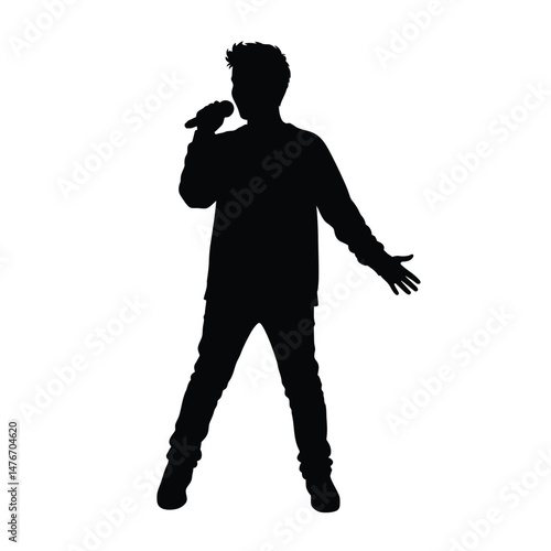Silhouette of a male singer performing with a microphone on a white background
