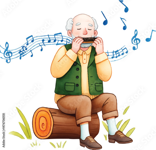 Watercolor Elderly Man Playing Harmonica on Log Illustration