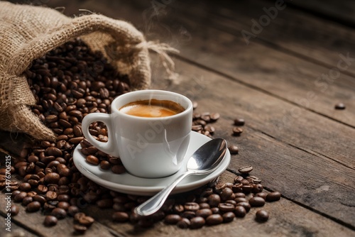 A steaming espresso in a white cup sits on a saucer with a spoon, surrounded by roasted coffee beans spilling from a burlap sack on a rustic wooden surface; concept for cafe menu, coffee packaging