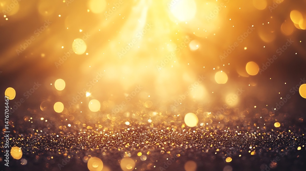 Obraz premium Golden Sparkling Dust Texture With Bokeh Lights Glowing Festive Abstract Art