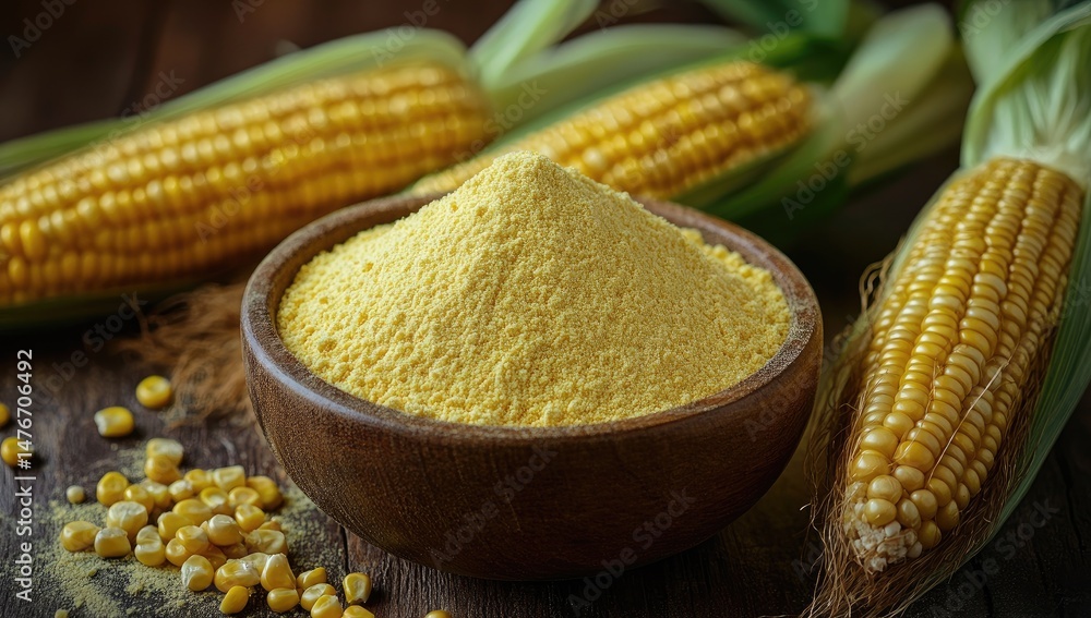 Yellow corn flour in a wooden bowl, surrounded by fresh corn cobs and kernels Yellow corn flour in a wooden bowl, surrounded by fresh corn cobs and kernels