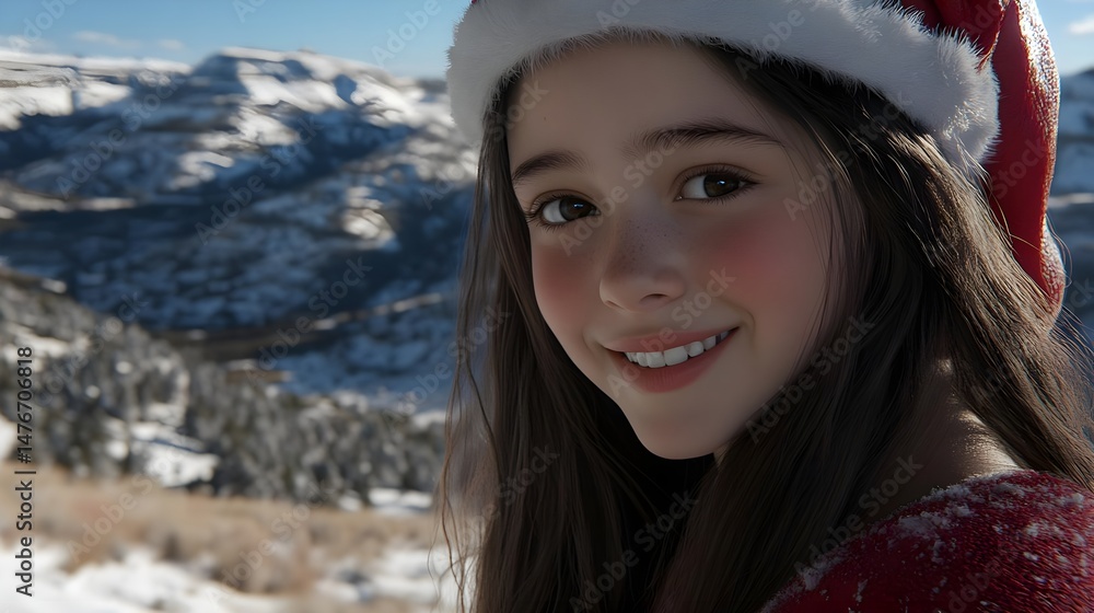 Fototapeta premium Young Woman Smiling in Santa Hat and Red Sweater in Winter Landscape