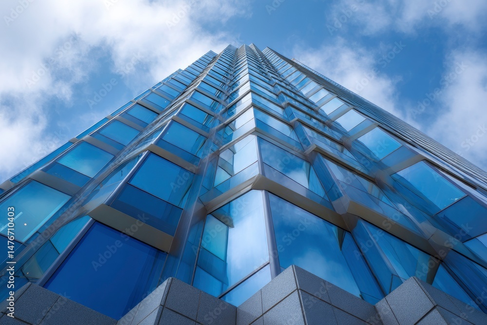 Obraz premium Modern Glass Skyscraper: Blue Facade, Cloud Reflections