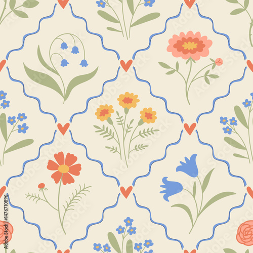 Hand drawn floral seamless pattern with a charming coquette whimsical lattice design. Soft, pastel, and nostalgic, perfect for textiles, wallpaper, wrapping paper, and romantic vintage-inspired decor.