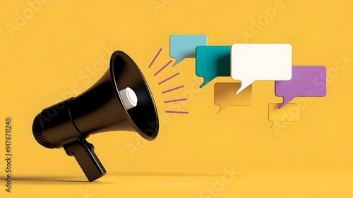 Announcement with Megaphone: Black Megaphone with Speech Bubbles, Ideal for Marketing, Advertising, Communication, and News Themes