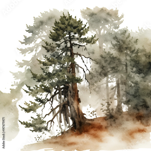Watercolor-painting-of-evergreen-trees-forest-landscape-artwork-illustration