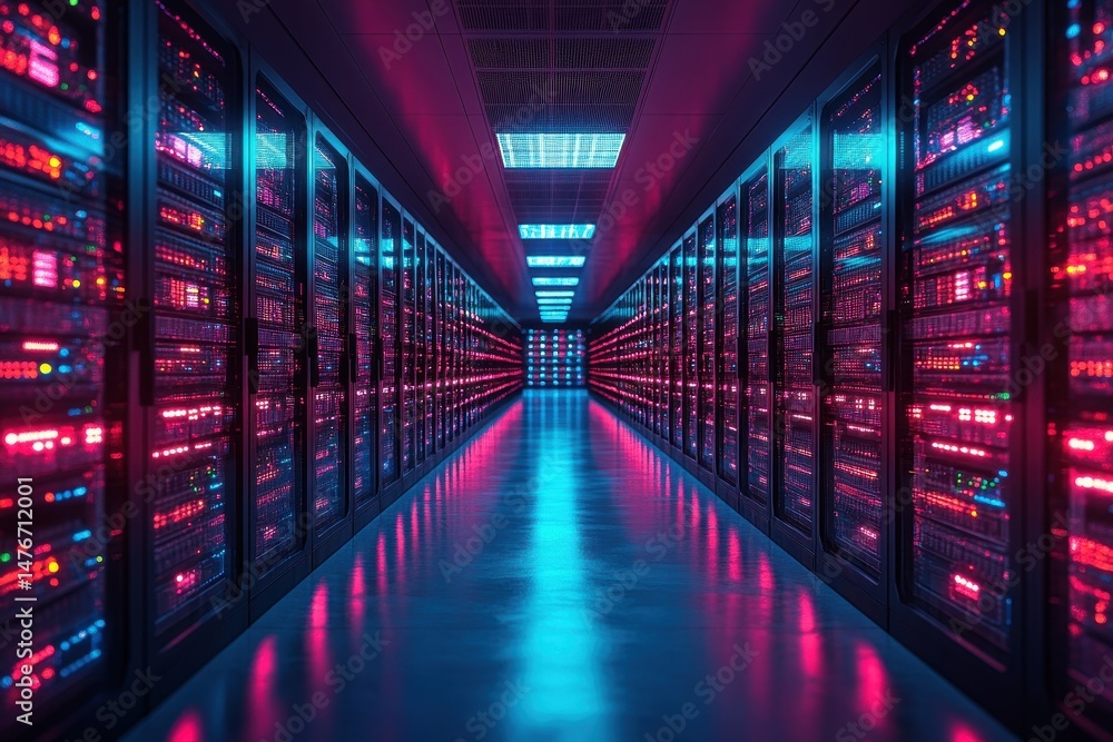 Vibrant server room illuminated by colorful LED lights with rows of servers arranged symmetrically Vibrant server room illuminated by colorful LED lights with rows of servers arranged symmetrically