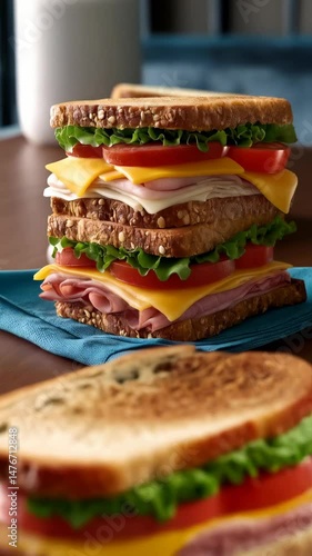 Stacked sandwich featuring ham, cheese, tomato, and lettuce on seeded bread, arranged on a blue cloth, with another sandwich behind it.
